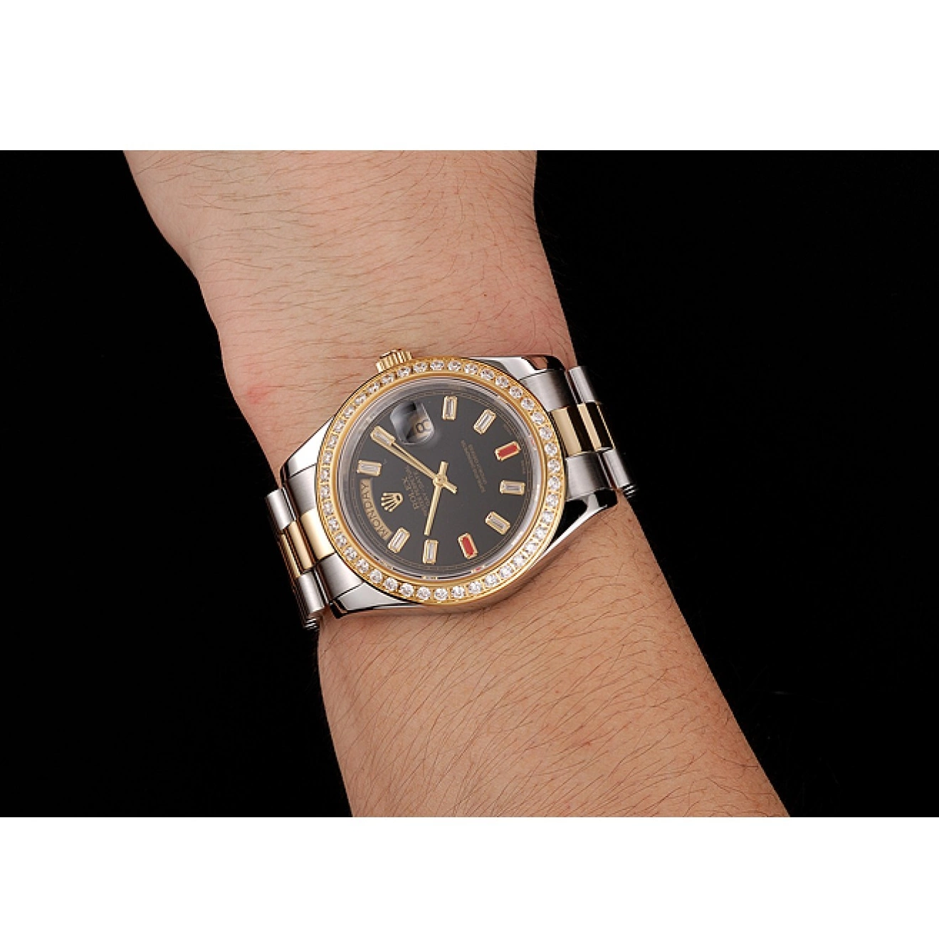 Best AAA Replica Sites Tone Day-Date Rubies Diamonds Dial Swiss Black Two Rolex 1454105 And Bracelet 0816